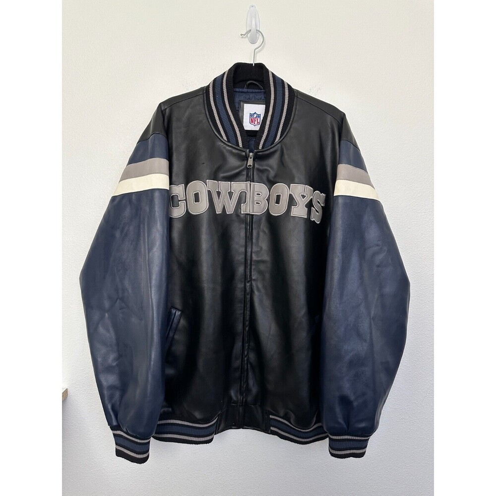 Dallas Cowboys Leather Letterman Jacket Black Blue Long Sleeve Pocket Men's XL